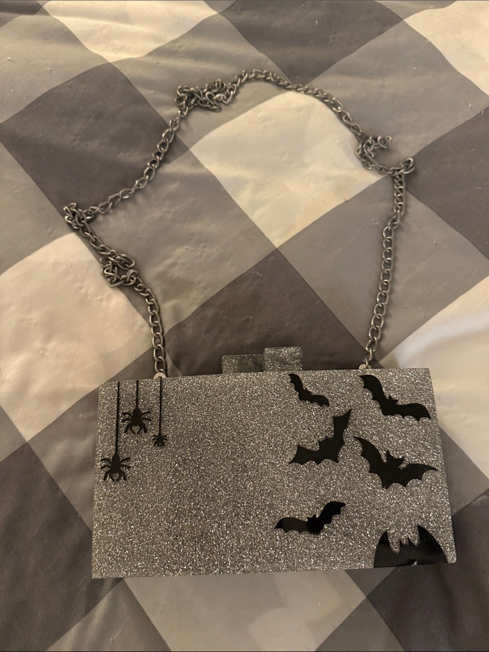Lulu's Silver Glitter Bat & Spider Chain Clutch